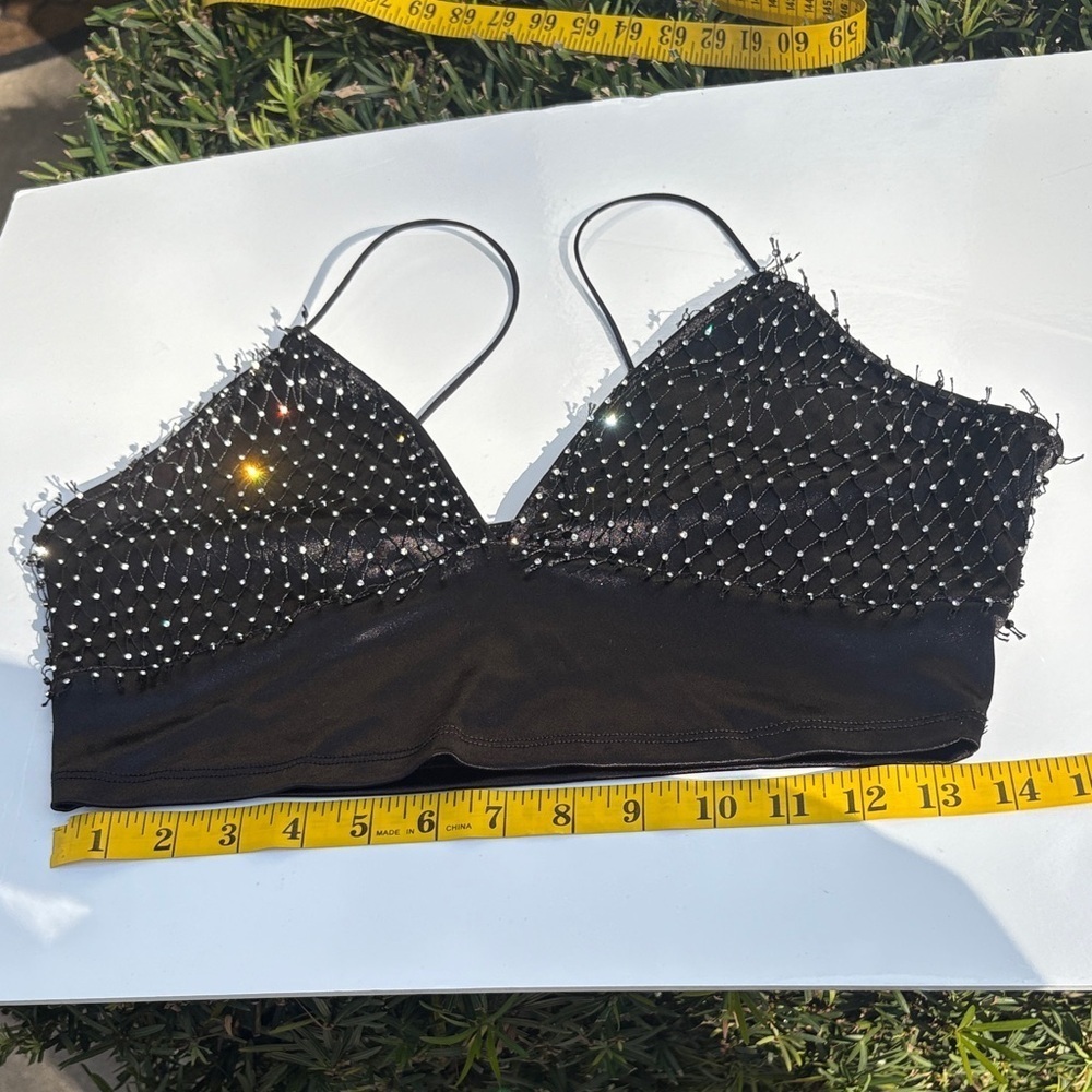 Black Rhinestone Mesh Crop Top - Picture 6 of 9